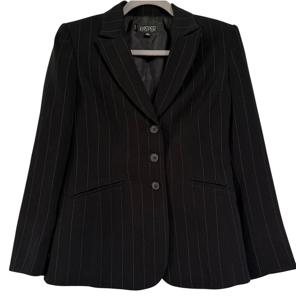 Kasper Women's Black Pinstriped Three Button Blazer Jacket Size 4Petite